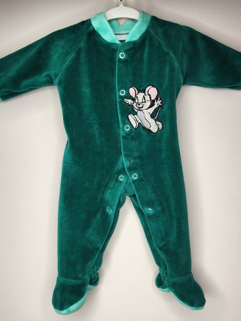 Vintage Velour Footed Baby Onesie — Teal/Mint, 9-12M | Snap Button Sleeper